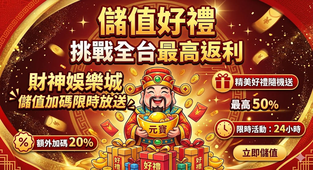 儲值好禮,挑戰全台最高返利,財神娛樂城 儲值加碼限時放送。